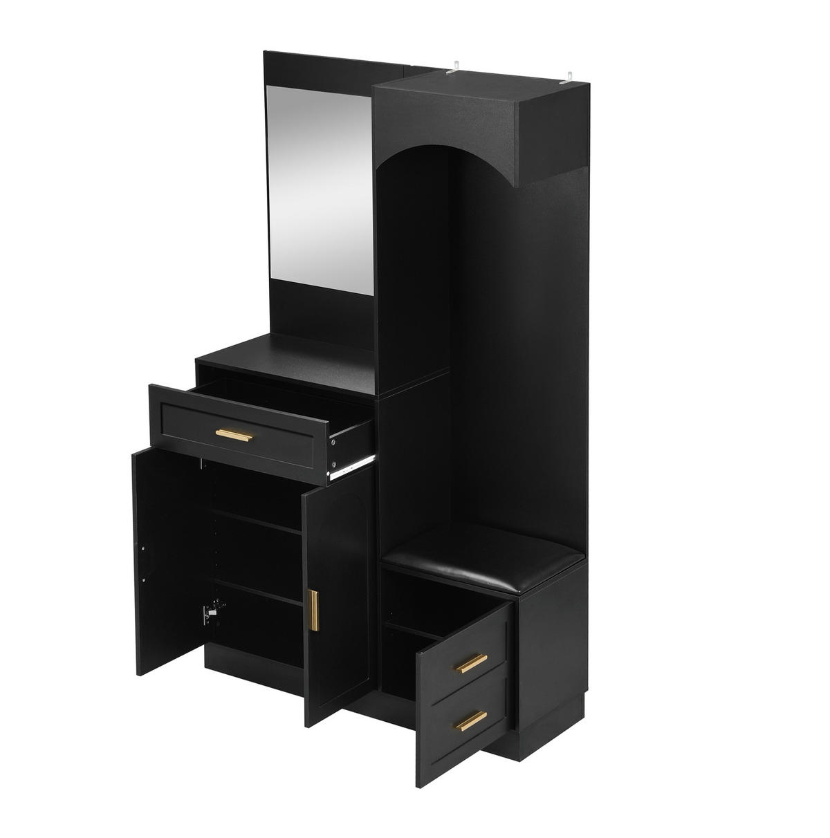 KOMPAKTGARDEROBE mit Spiegel und Schuhbank 110 x 33 x 185,5 cm Schwarz - Schwarz, Holzwerkstoff (33/185.5/110cm) - Beauniv