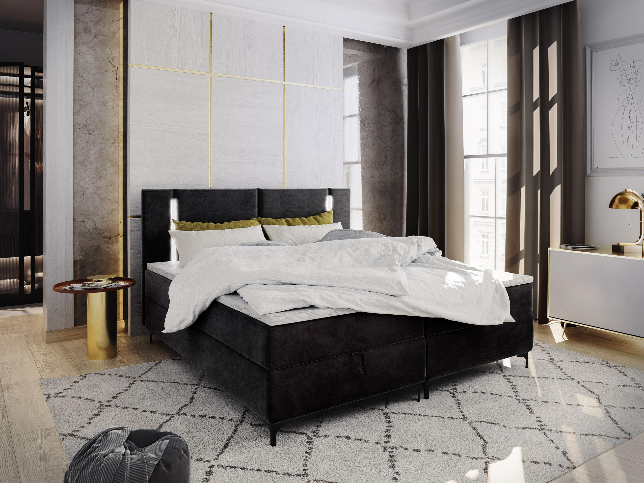 BOXBETT ALBA 160x200 cm mit Matratze und Topper - Schwarz - Schwarz, Holz (160/200cm) - MASSENO