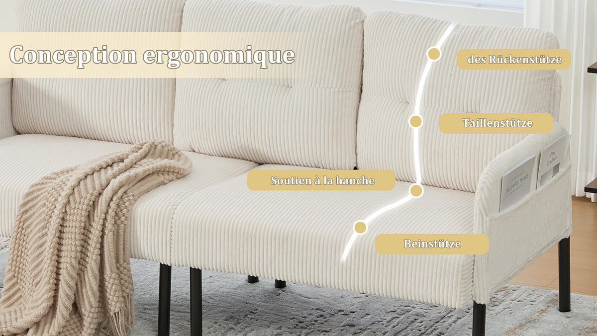 3-SITZER-SOFA 171/72/80 cm aus Cord mit Seitentasche Beige - Beige, Textil (72/80/171cm) - Modenvie