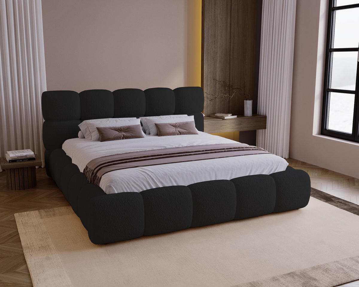 DOPPELBETT 200x200 Lucca mit Bettkasten, Stoff Bouclé, Schwarz - Schwarz, Holz/Textil (200/200cm) - Emporius