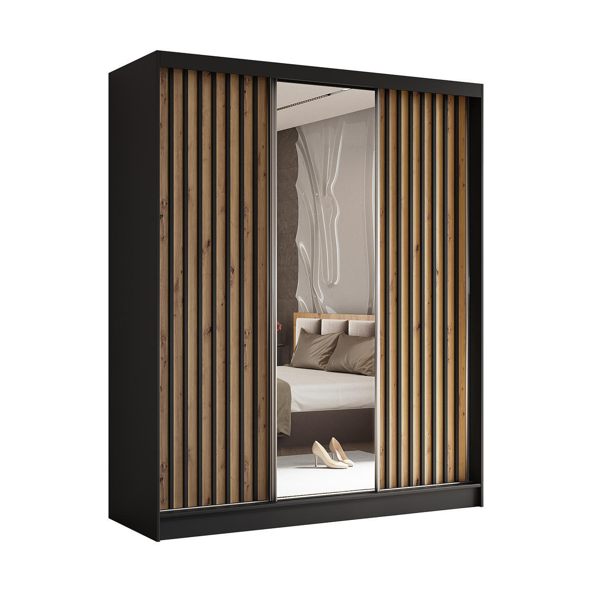 SCHWEBETÜRENSCHRANK LAMELLO 180/216/61 cm 3-türig mit Spiegel Schwarz - Schwarz/Eiche Artisan, Holzwerkstoff (180/216/61cm) - MASSENO