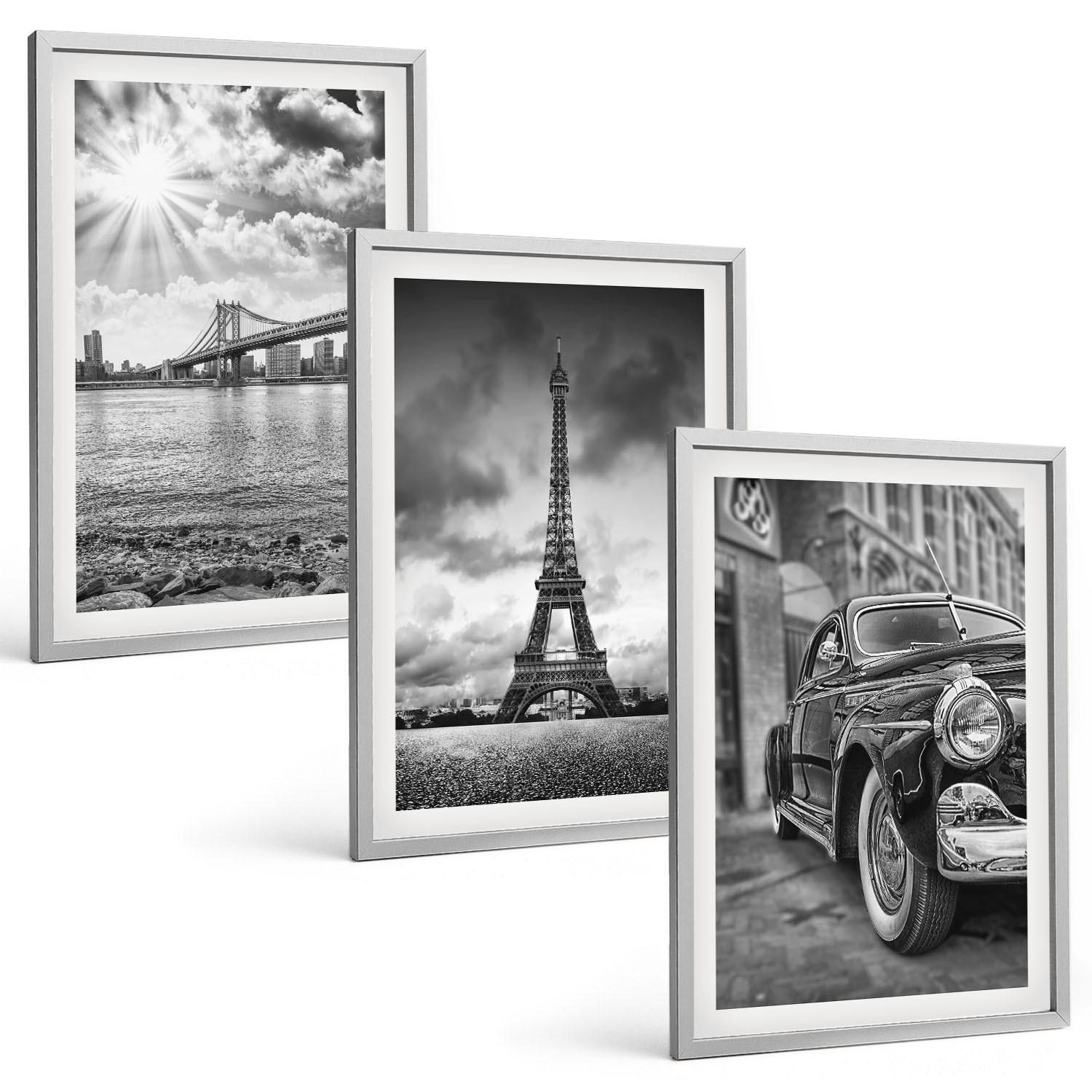 BILDER SET 3er Set - 40x60 cm Silberner Rahmen - Stadtansichten, Brücken, Eiffelturm - Silberfarben, Kunststoff (40/60cm) - TULUP