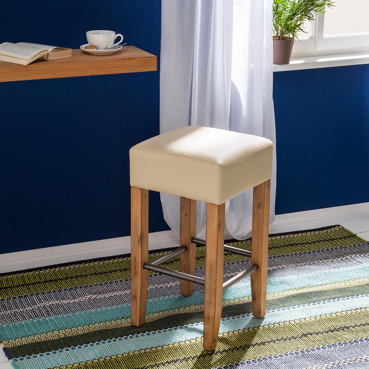 BARHOCKER - Akazie massiv / Kunstleder - Creme, Kunststoff (35/67/34cm) - home24