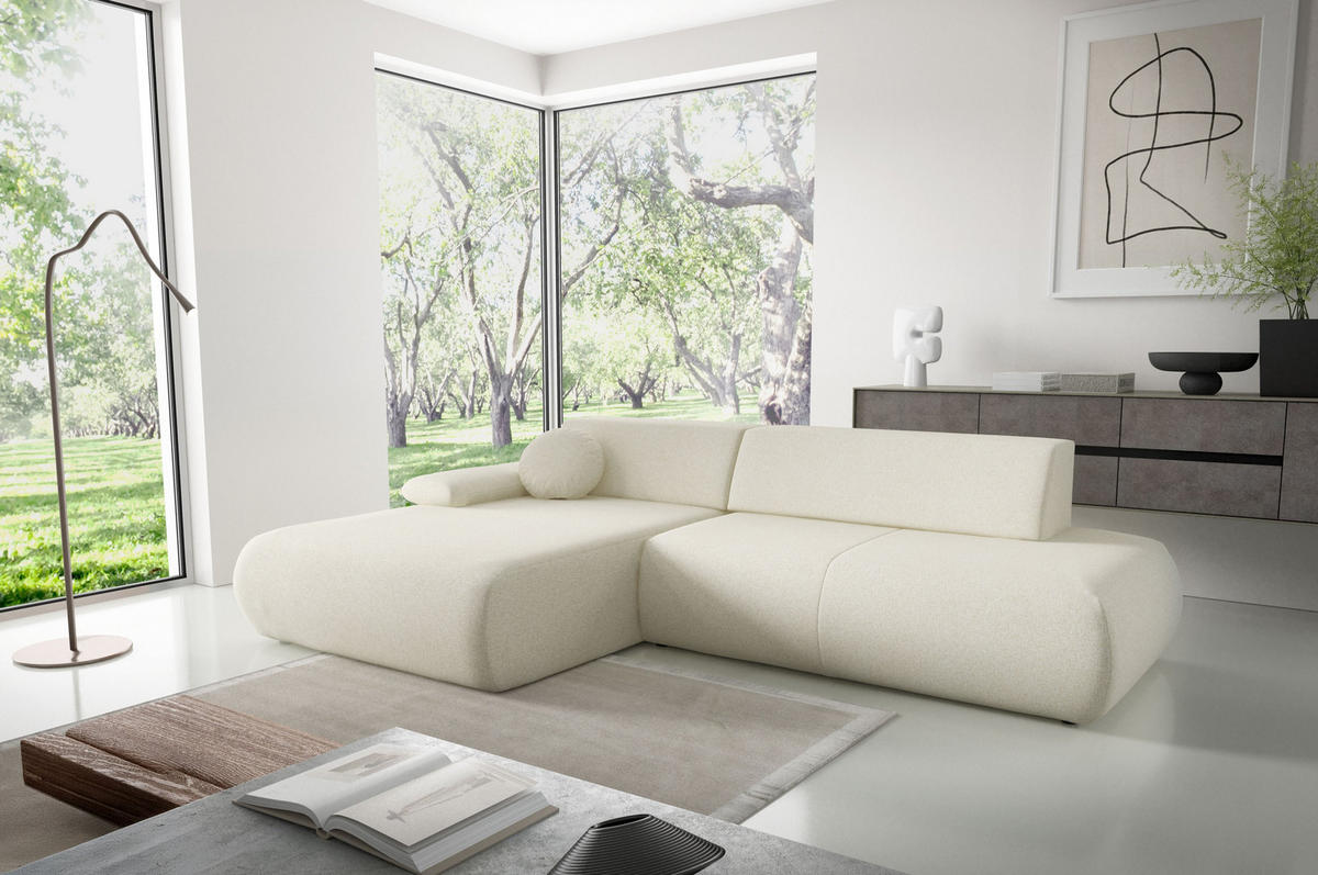 ECKSOFA DELTA L-S Creme Geflochtener Stoff mit Schlaffunktion - Creme, Holz (286/173.5cm) - MASSENO