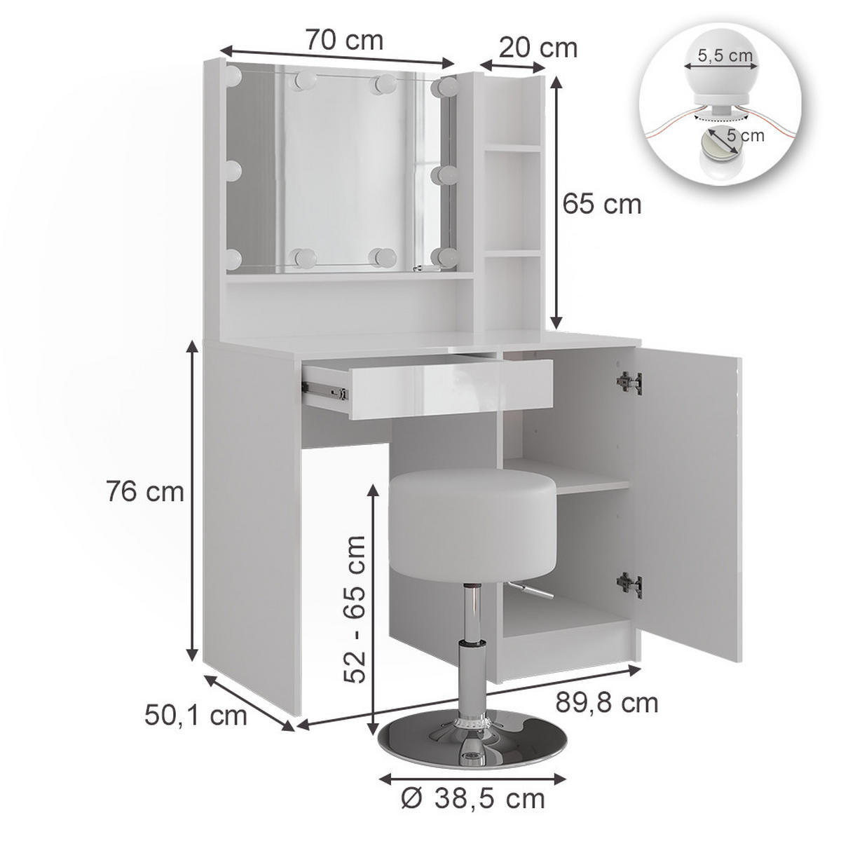SCHMINKTISCH Sherry Weiß/Weiß Hochglanz 89.8 cm 5 Teile - Weiß Hochglanz, Holzwerkstoff (89.8/76/50.1cm) - Vicco