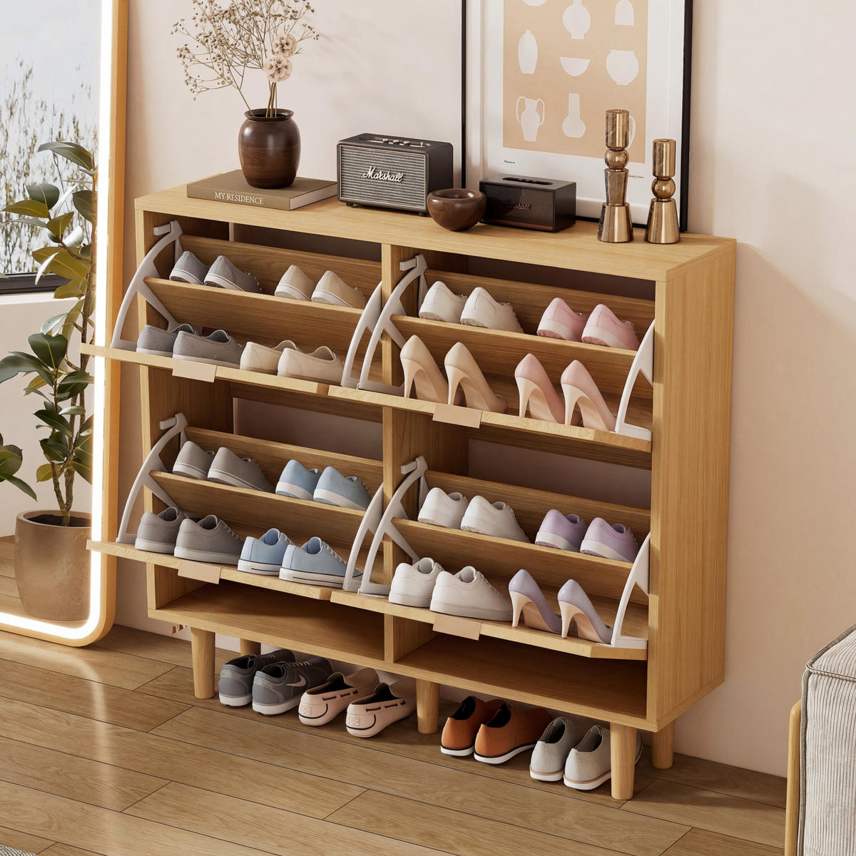SCHUHSCHRANK Rattan 4 Klappen Landhausstil 100x25x90cm - Eichefarben, Holzwerkstoff (25/90/100cm) - FLIEKS