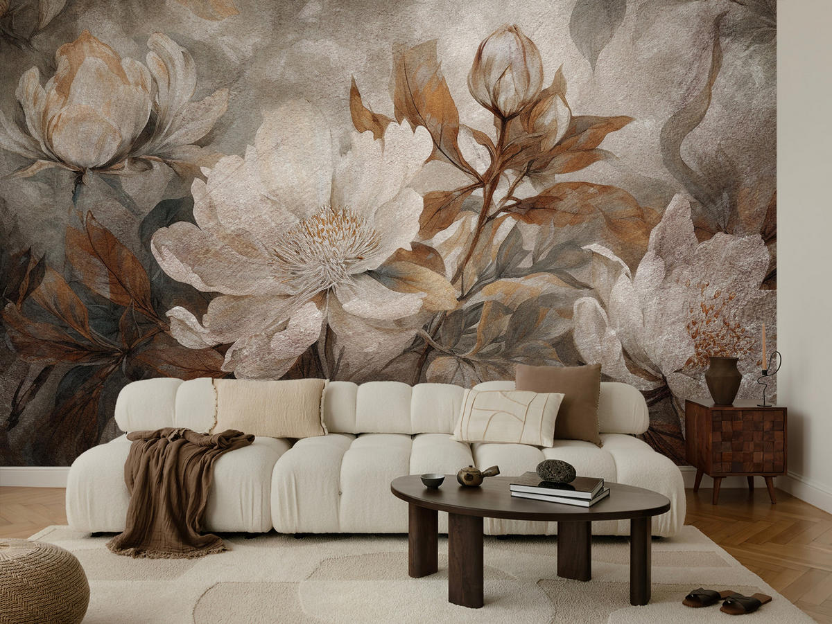 FOTOTAPETE für Wohnzimmer Blumen Blätter Pflanzen Natur Retro Stil 400x280 - Beige/Orange, Papier (400/280cm) - Muralo