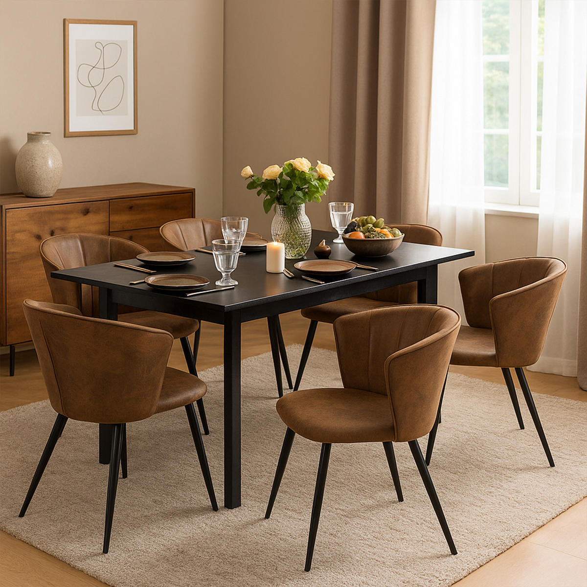 ESSTISCH-SET mit ausziehbarem Tisch und 6 Schalensesseln in Wildlederoptik, Schwarz - Multicolor, Textil (46/74.5/43cm) - Meubles Cosy