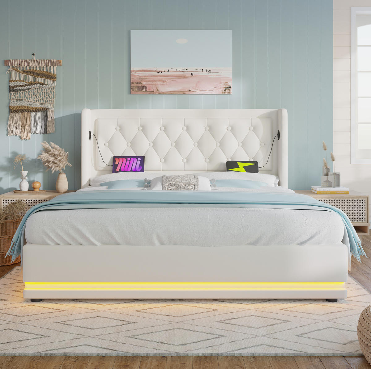 BETT mit Bettkasten USB & LED 180x200 cm PU Weiß - Weiß, Metall (180/200cm) - Meubliv