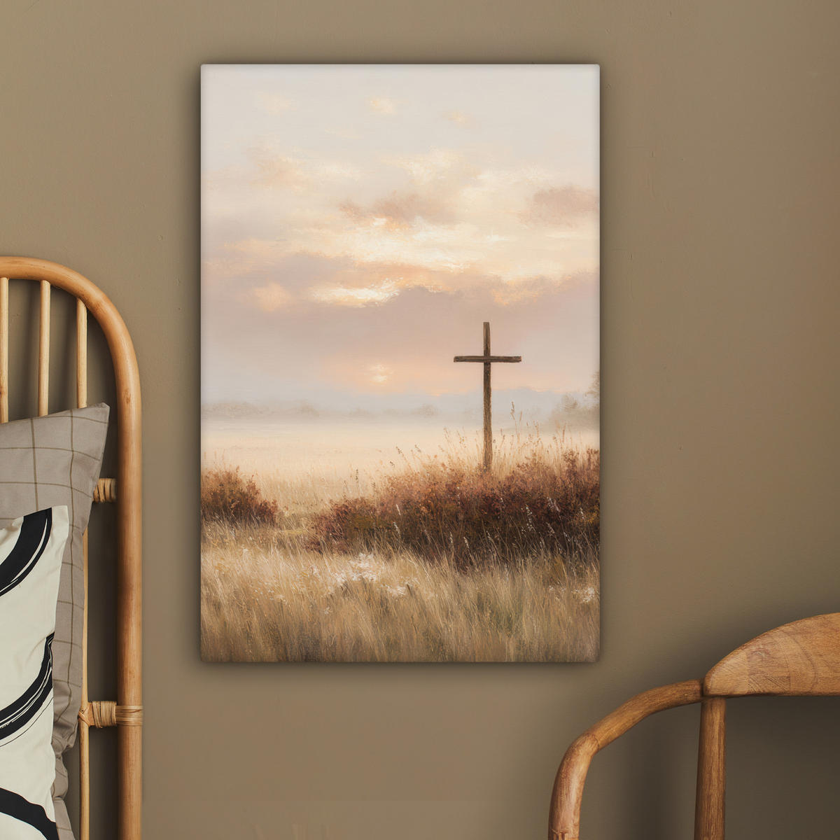 LEINWANDBILD Gras - Morgennebel - Kreuz - Christentum Wanddeko Schlafzimmer 60x90 cm - Beige, Textil (60/90cm) - MuchoWow