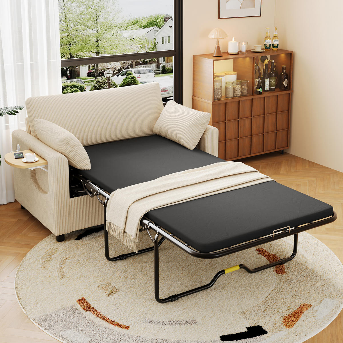 SCHLAFSOFA 2-Sitzer ausziehbar mit USB und Seitentisch, Beige - Beige, Textil (134/84/82cm)