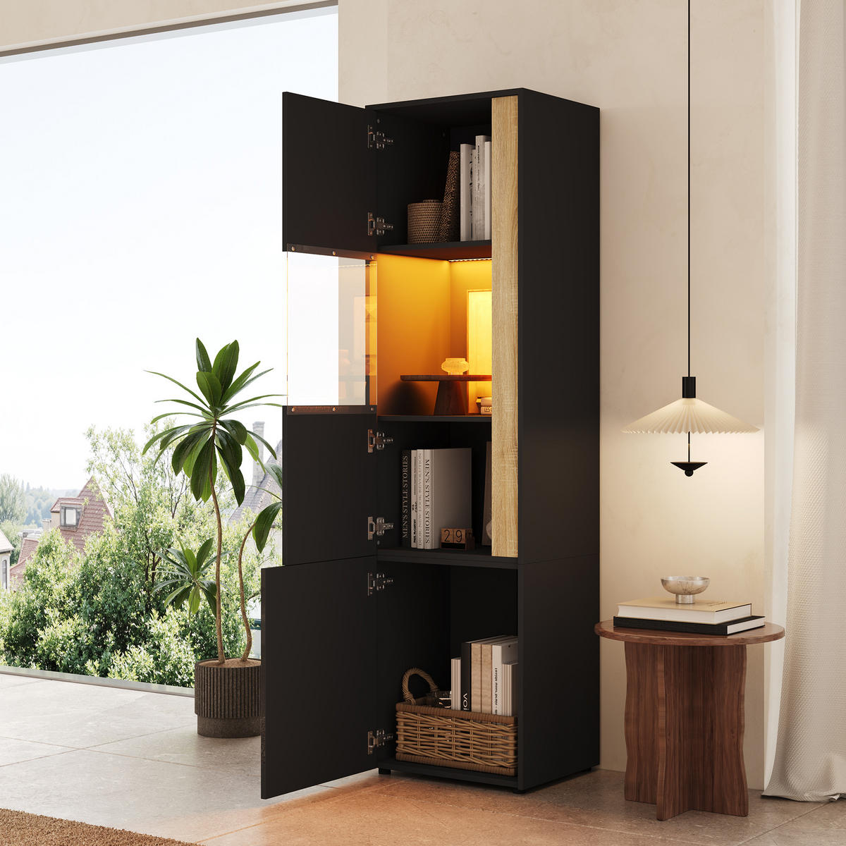 VITRINE 50x40x179 cm Schwarz Natur mit LED und 2 Türen - Schwarz, Holzwerkstoff (50/179/40cm) - FLIEKS
