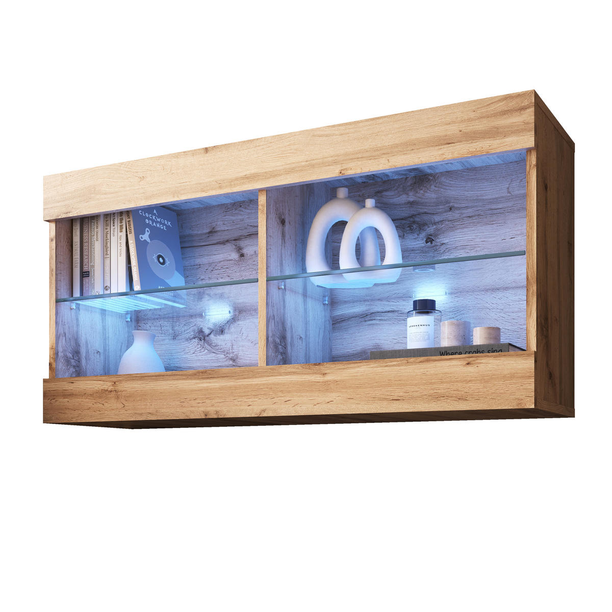 HÄNGEVITRINE TIVOLI HORIZONTAL 100, Wotan, LED Blau - Eiche Wotan, Glas/Holzwerkstoff (100/50/29.5cm) - Komodee