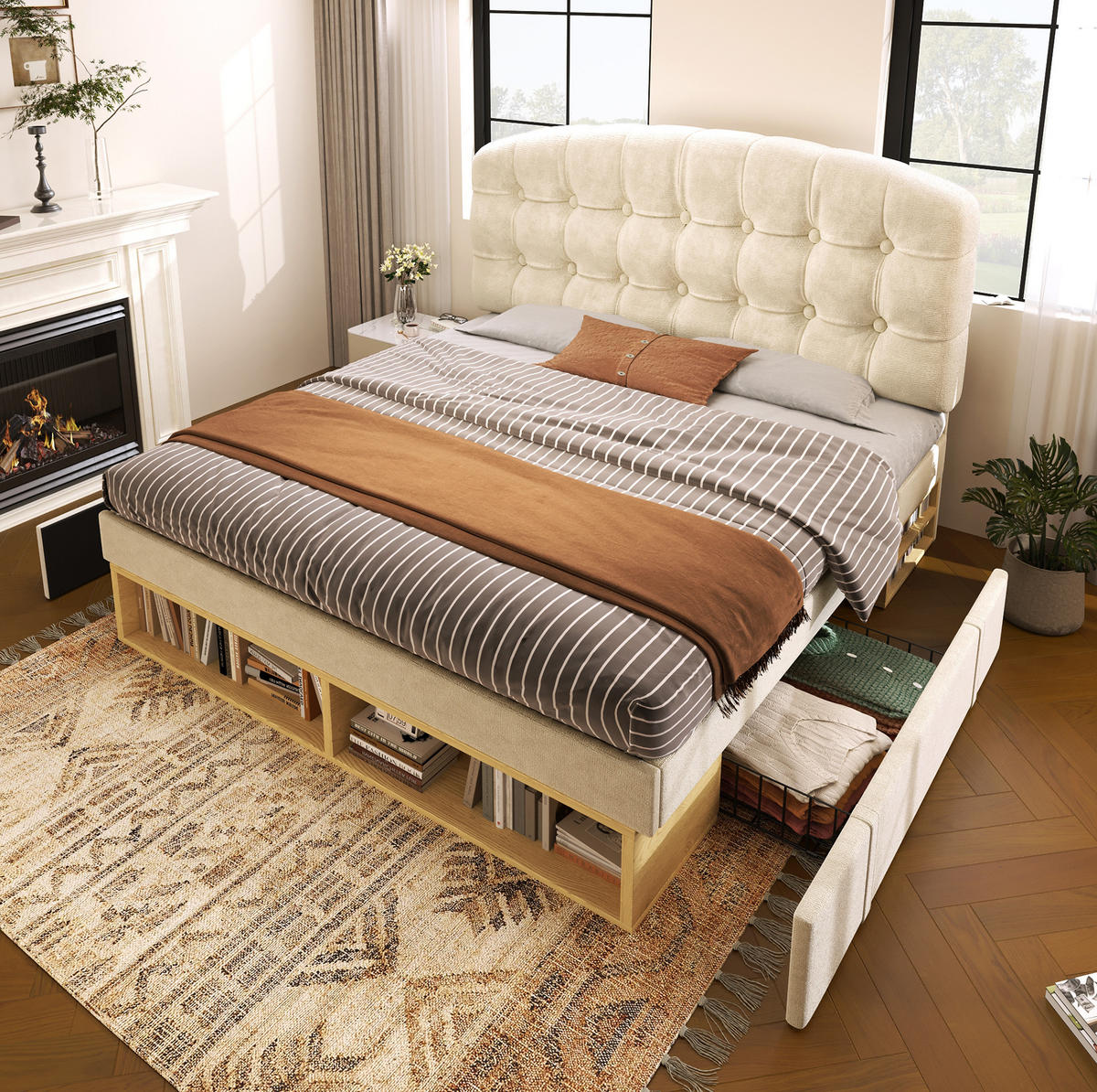 POLSTERBETT 90/200 cm Beige aus Samt mit höhenverstellbarem Kopfteil - Beige, Textil (90/200cm) - OKMYHOME