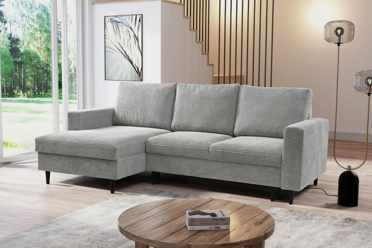 ECKSOFA Nalika Hellgrau mit Cordbezug - Hellgrau/Schwarz, Holz/Textil (230/143cm) - Selsey