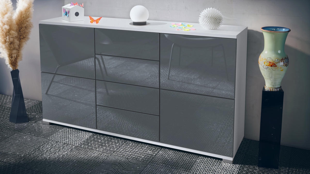 SIDEBOARD Rova Grau Hochglanz - Grau, Holzwerkstoff (138.5/75.5/35cm) - Vladon