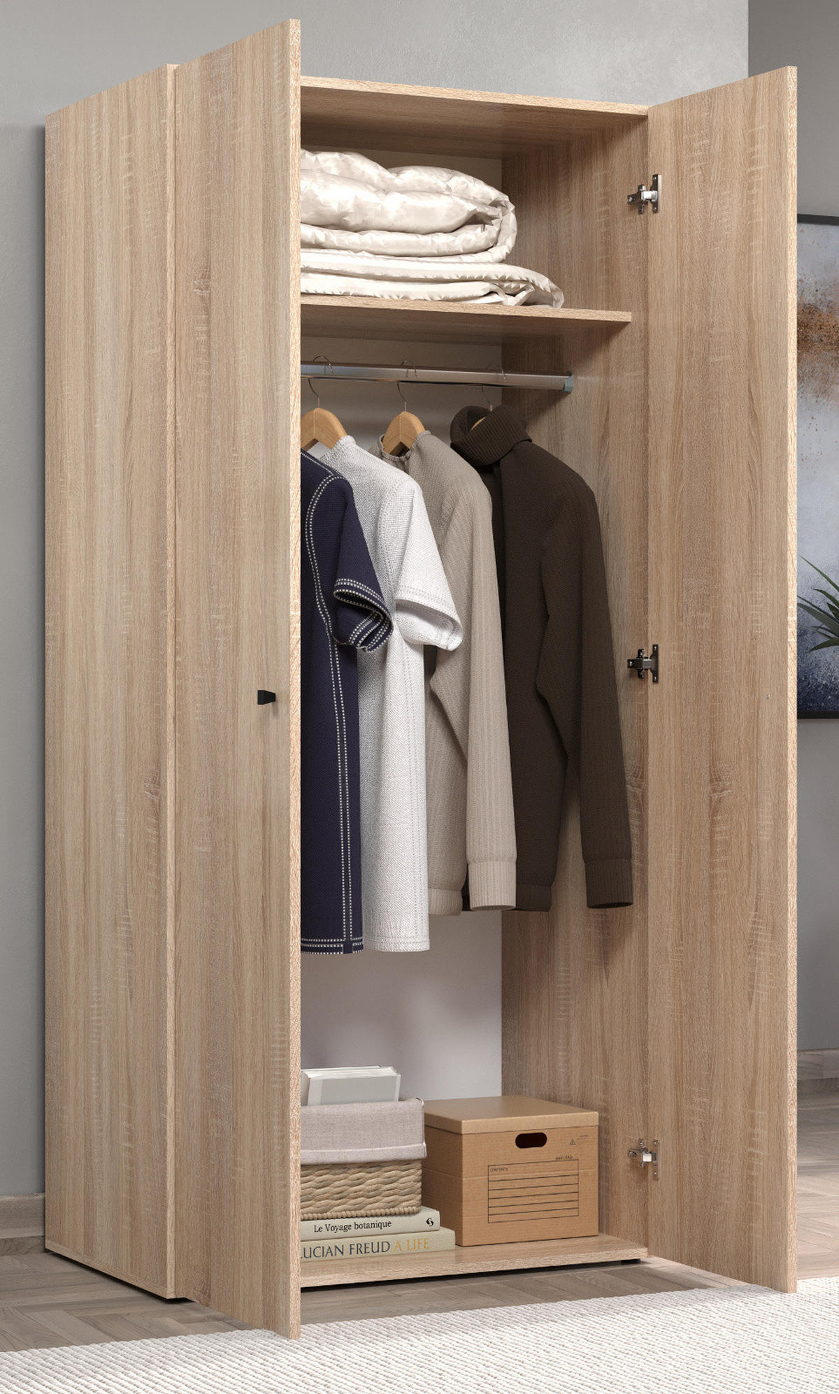 KLEIDERSCHRANK Eiche Sonoma hell 81 x 176 cm, Drehtürenschrank 2-türig - Schwarz/Sonoma Eiche, Holzwerkstoff/Kunststoff (81/176/51cm) - Top.Furn