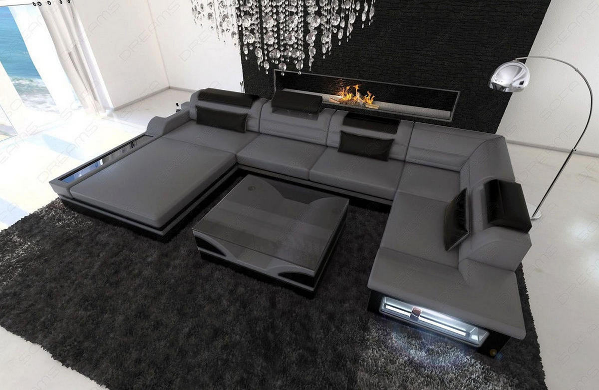 SOFA Mezzo U Grau Schwarz Kunstleder - Grau, Textil (372/78/214cm)