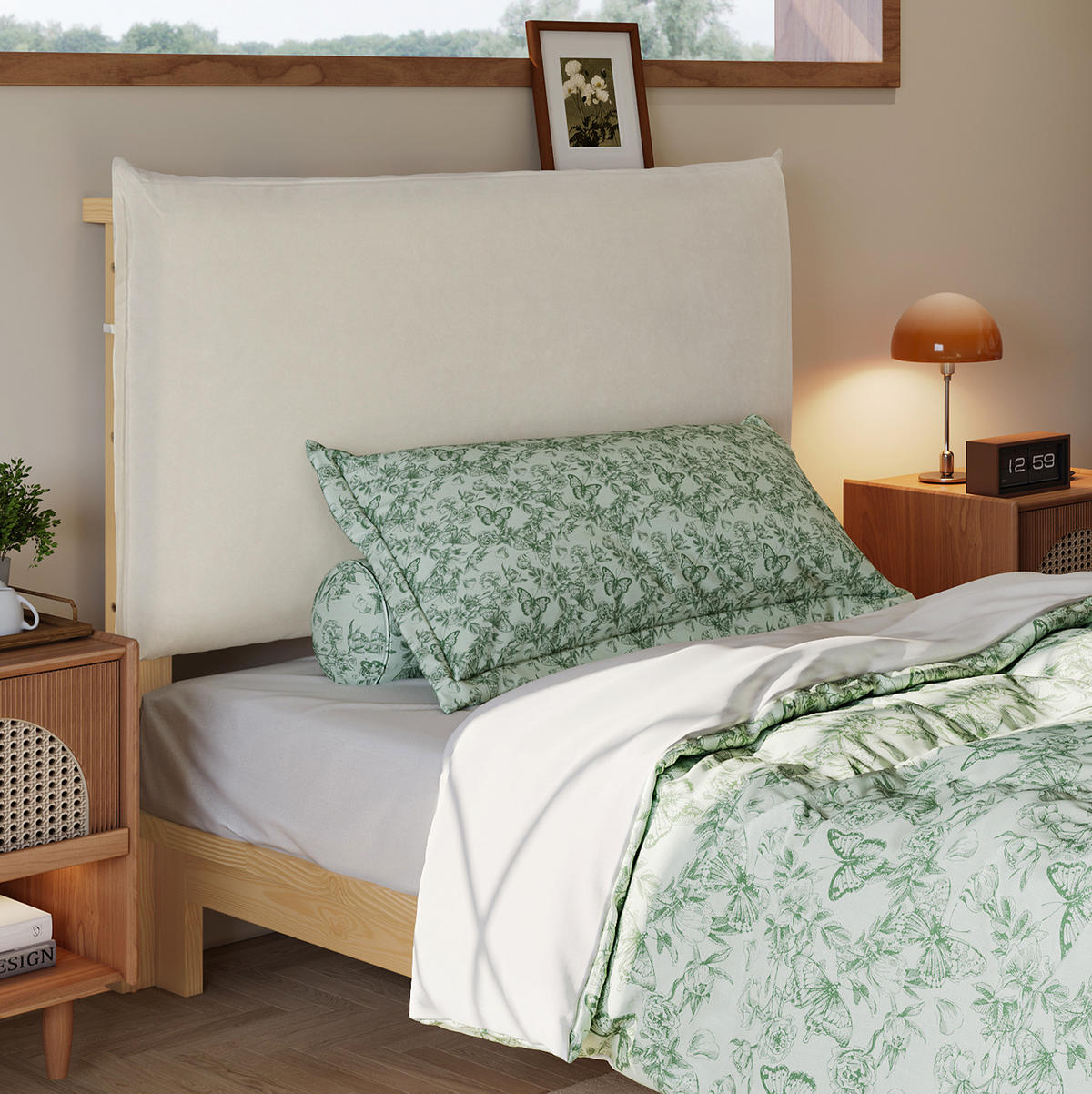 POLSTERBETT 90/200 cm Natur mit gepolsterter Rückenlehne - Naturfarben, Textil (90/200cm) - Flora Grace