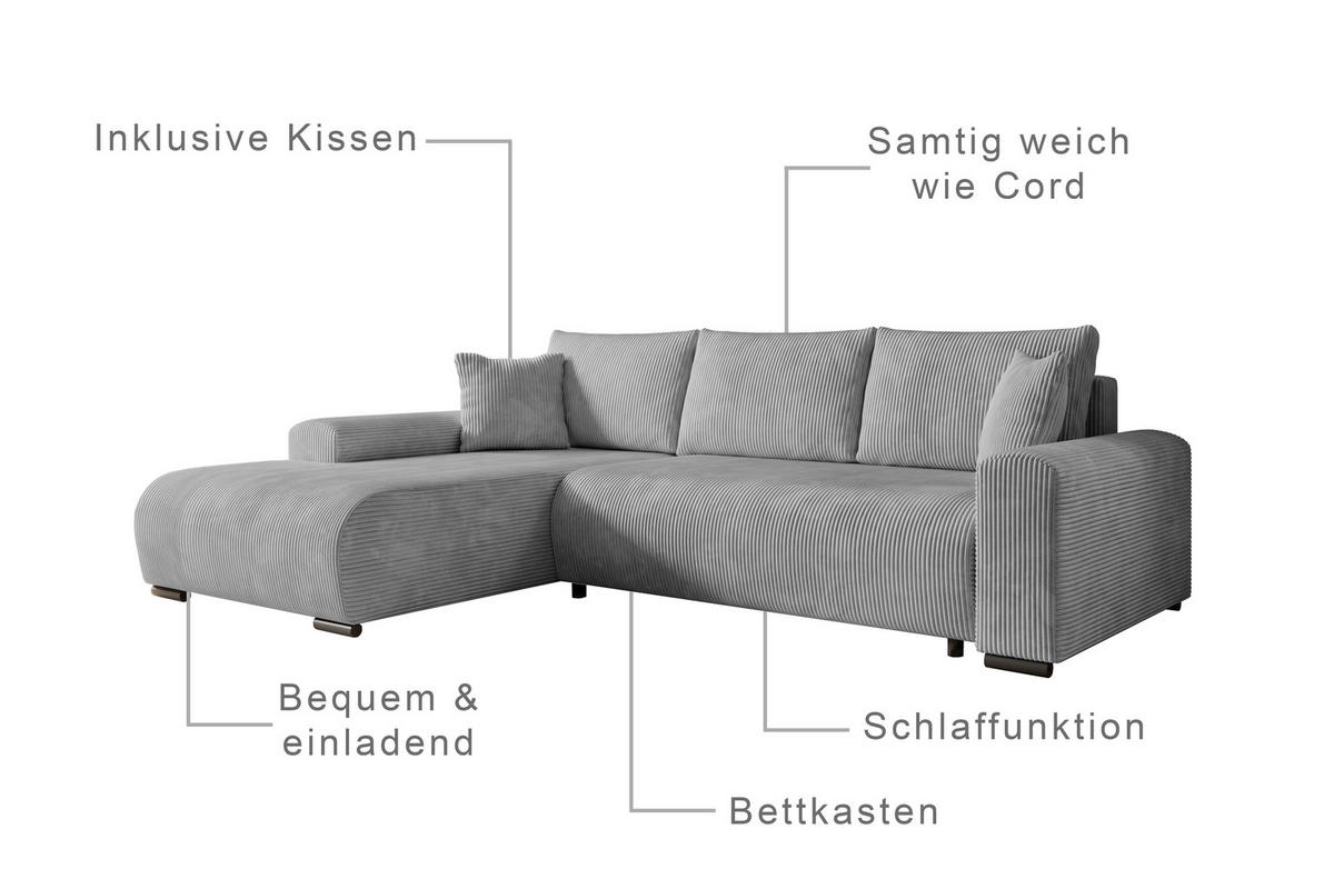 ECKSOFA Nelly mit Bettkasten und Schlaffunktion, Cordstoff in L-Form - Grau, Textil (270/185cm)