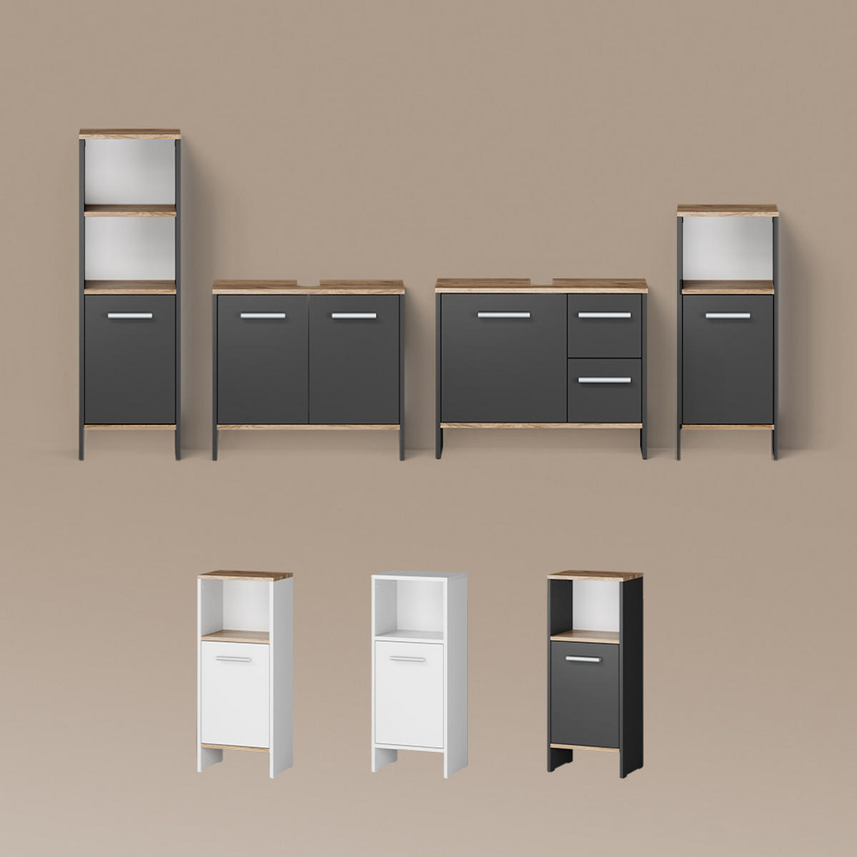 WASCHBECKENUNTERSCHRANK Amalfi Anthrazit/Goldkraft Eiche 70.2 x 57 cm mit 2 Schubladen und 1 Tür - Honigeiche/Anthrazit, Holzwerkstoff (70.2/57/27.9cm) - Livinity®
