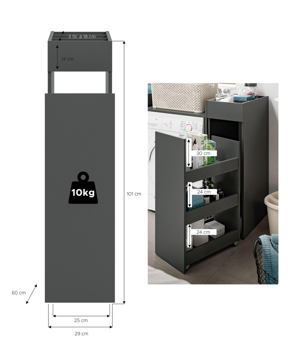 ANSTELLREGAL FREE (B/H/T: ca. 29/101/60 cm) in anthrazit/anthrazit - Anthrazit, Holzwerkstoff (29/101/60cm)