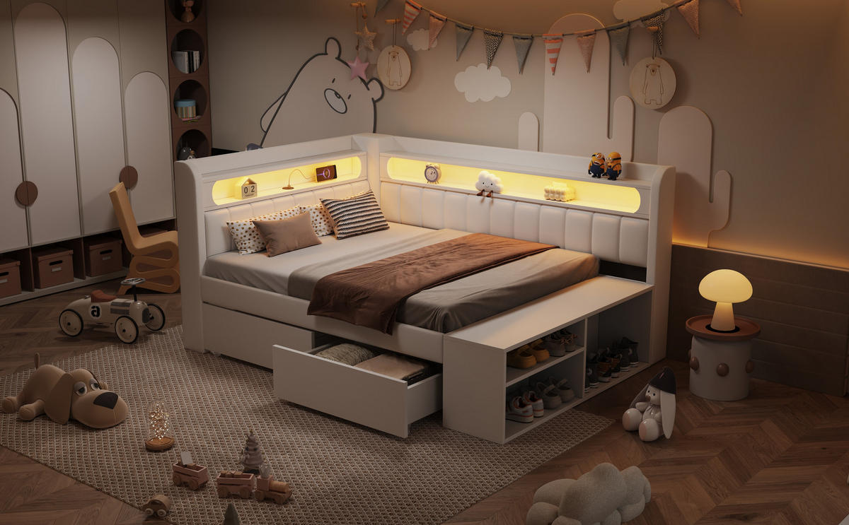 TAGESBETT 90x200 cm mit LED-Beleuchtung, USB-Anschluss, zwei Schubladen und Schuhschrank, gepolstert, weiß - Weiß, Holzwerkstoff (90/200cm) - Luhomfu