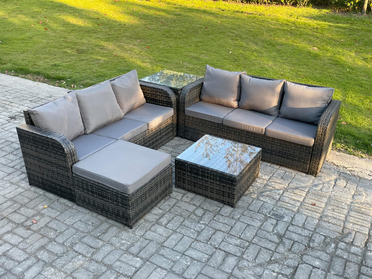 GARTENTISCHGRUPPE Polyrattan Dunkelgrau 5-teilige - Dunkelgrau/Grau, Glas/Kunststoff - Fimous