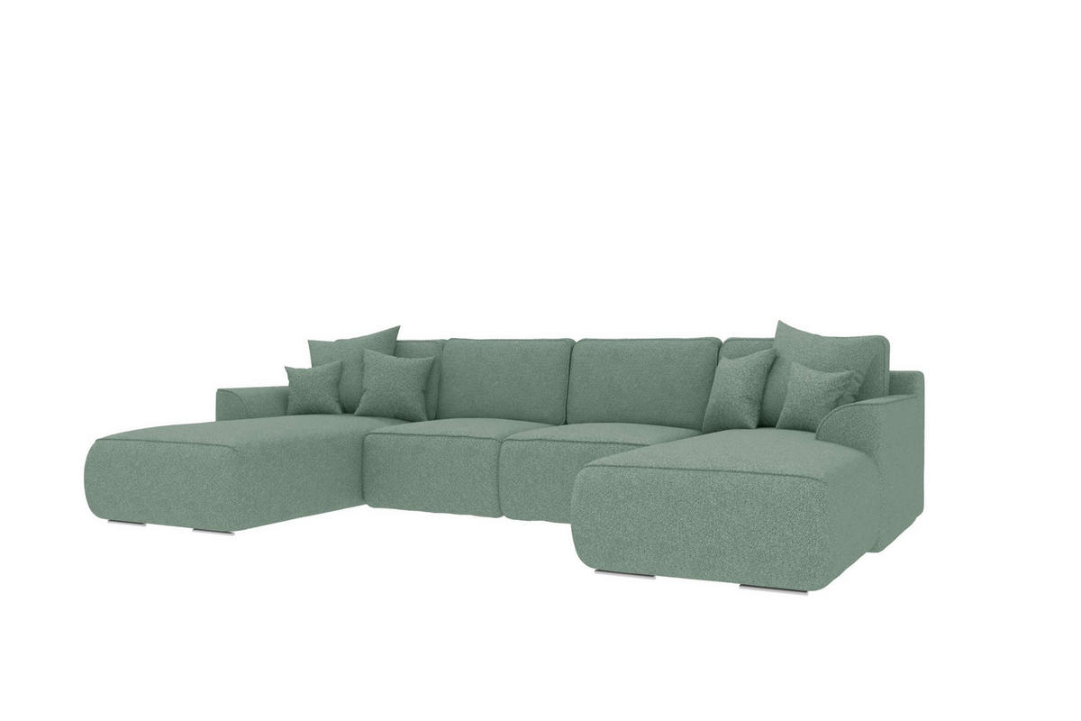 WOHNLANDSCHAFT GUSTO Strukturstoff Salbeigrün inkl. Schlaffunktion - Chromfarben/Salbeigrün, Kunststoff/Textil (306/96/194cm) - 99rooms