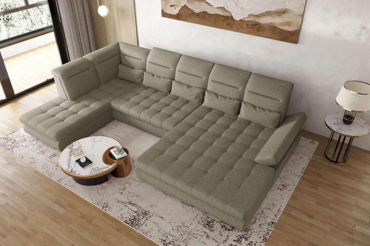 WOHNLANDSCHAFT Toscana Strukturstoff inkl. Schlaffunktion - Hellbraun, Textil (358/87/208cm) - 99rooms