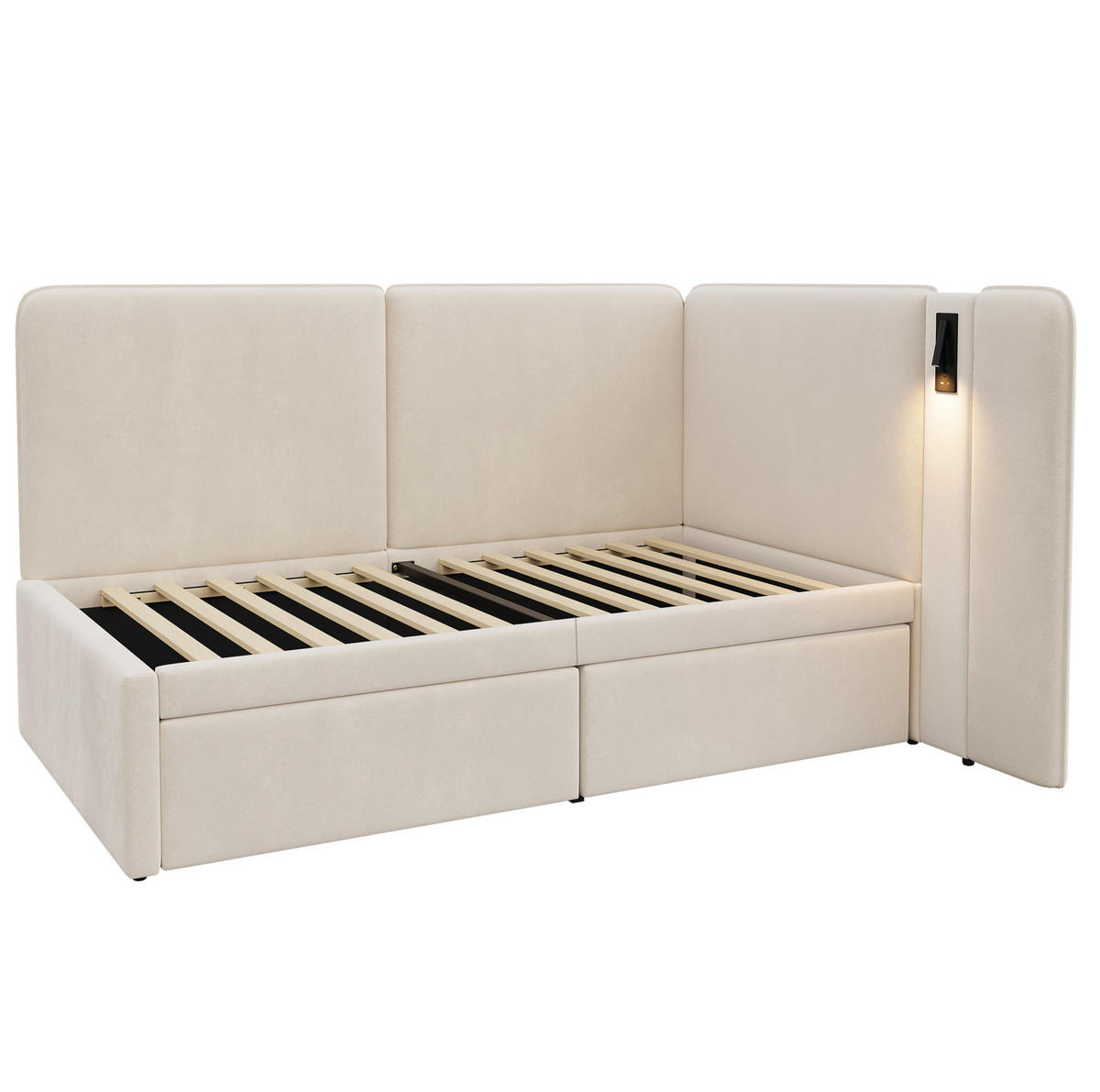 POSTEĽ 90/200 cm, zamatová, béžová, so zásuvkami, s LED lampou a USB-C - béžová, textil (90/200cm) - BEAOK