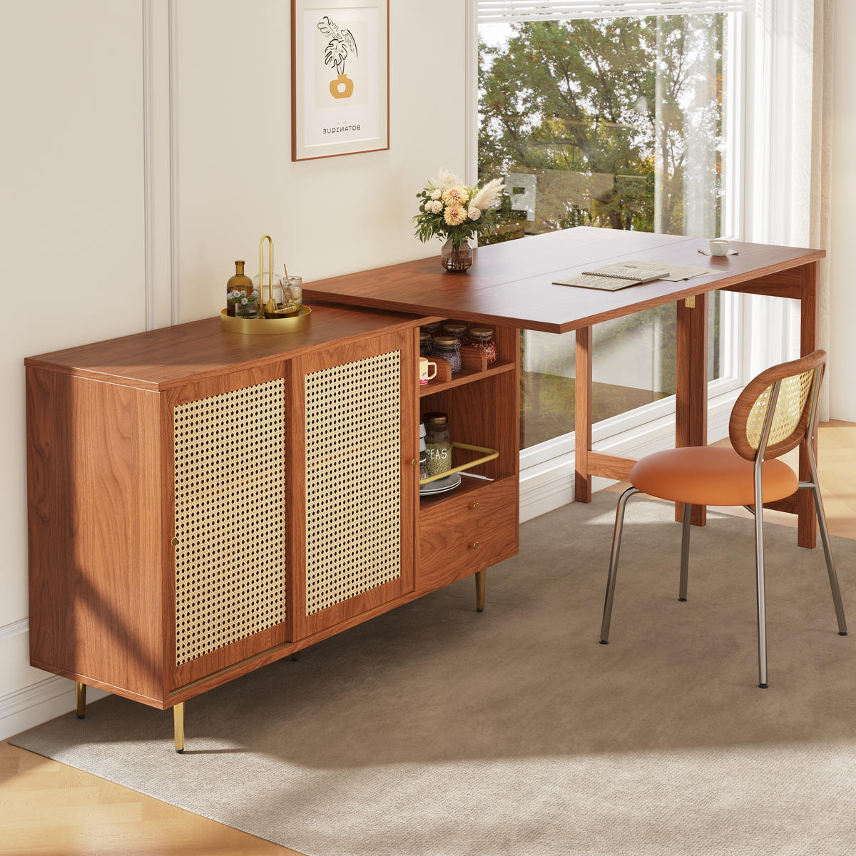 ESSTISCH drehbar 360° mit Stauraum 107x40x71,4 cm – ausziehbar, Rattantür & Regal, Bartisch für Küche & Esszimmer, Braun - Braun, Holzwerkstoff (187/40/76cm) - Ej. Life