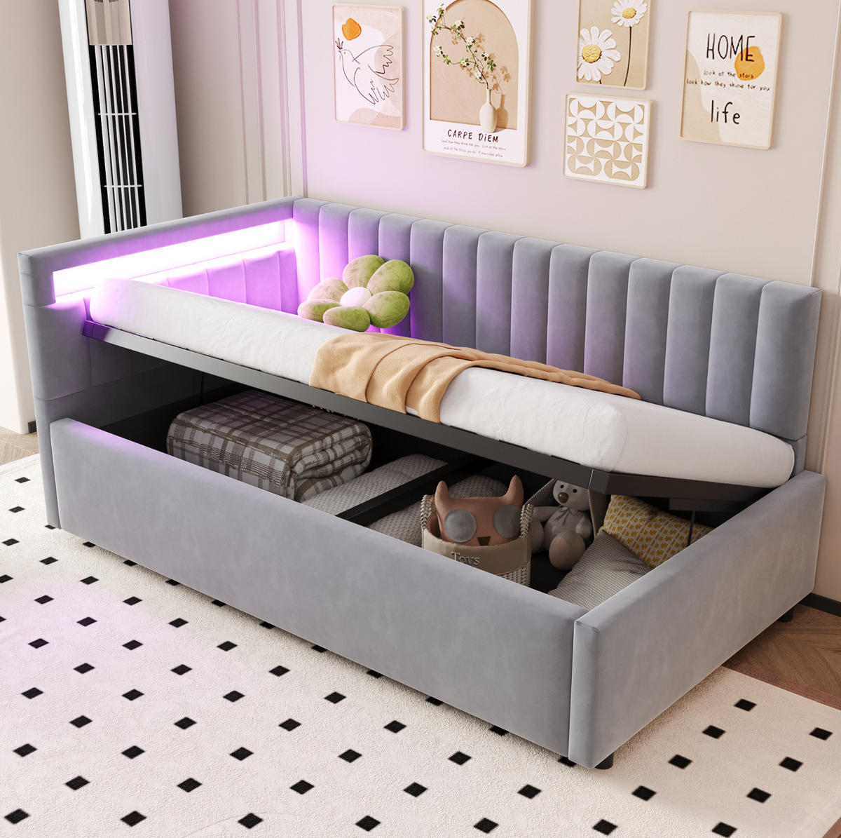 POLSTERBETT 90/200 cm mit LED-Beleuchtung, hydraulischem Stauraum und Samtbezug, Grau - Hellgrau, Textil (90/200cm) - Redom