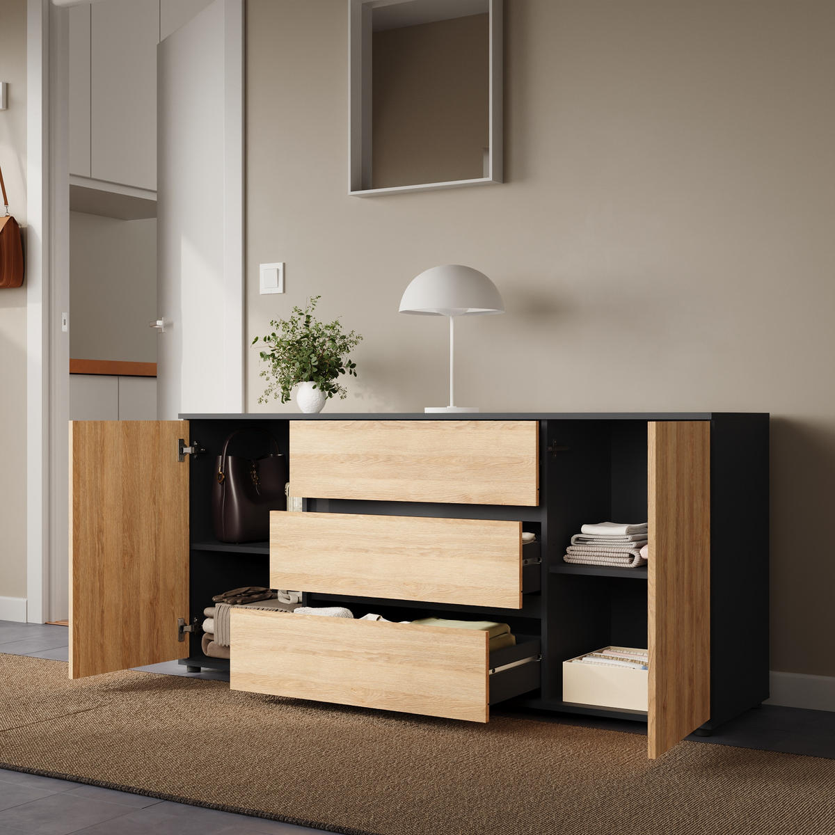 KOMMODE 150 cm Breite mit zwei Türen und drei Schubladen Anthrazit mix Artisan-Eiche - Anthrazit, Holzwerkstoff (150/70/40cm) - Home Collective