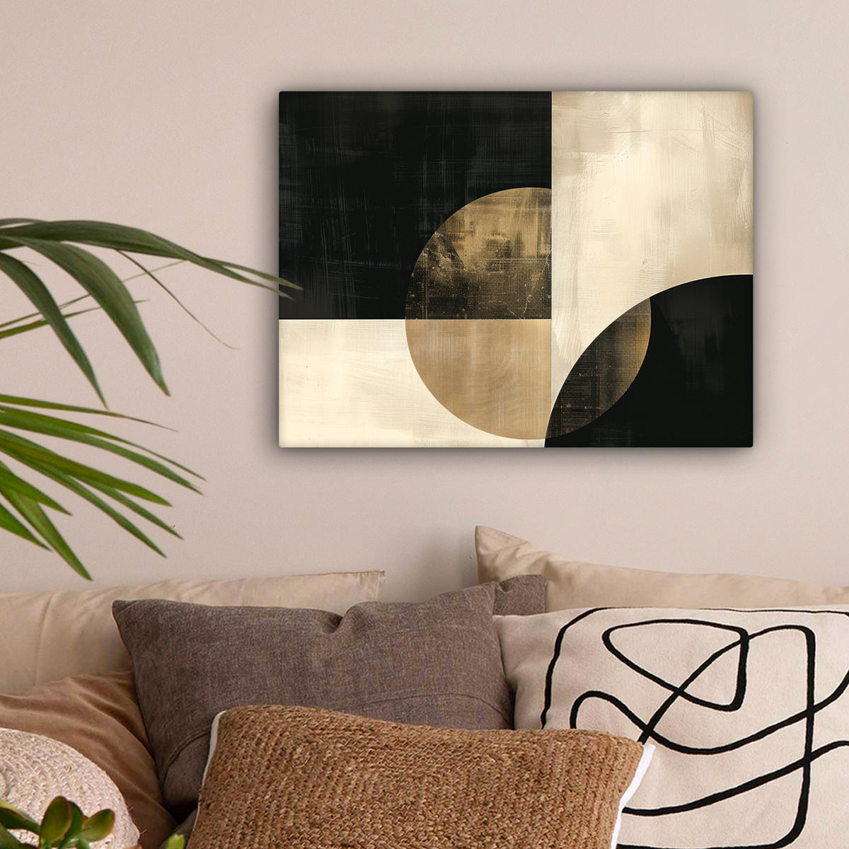 LEINWANDBILD Abstrakt - Geometrische Formen - Schwarz - Gold Wandbild 40x30 cm - Ecru, Textil (40/30cm) - MuchoWow