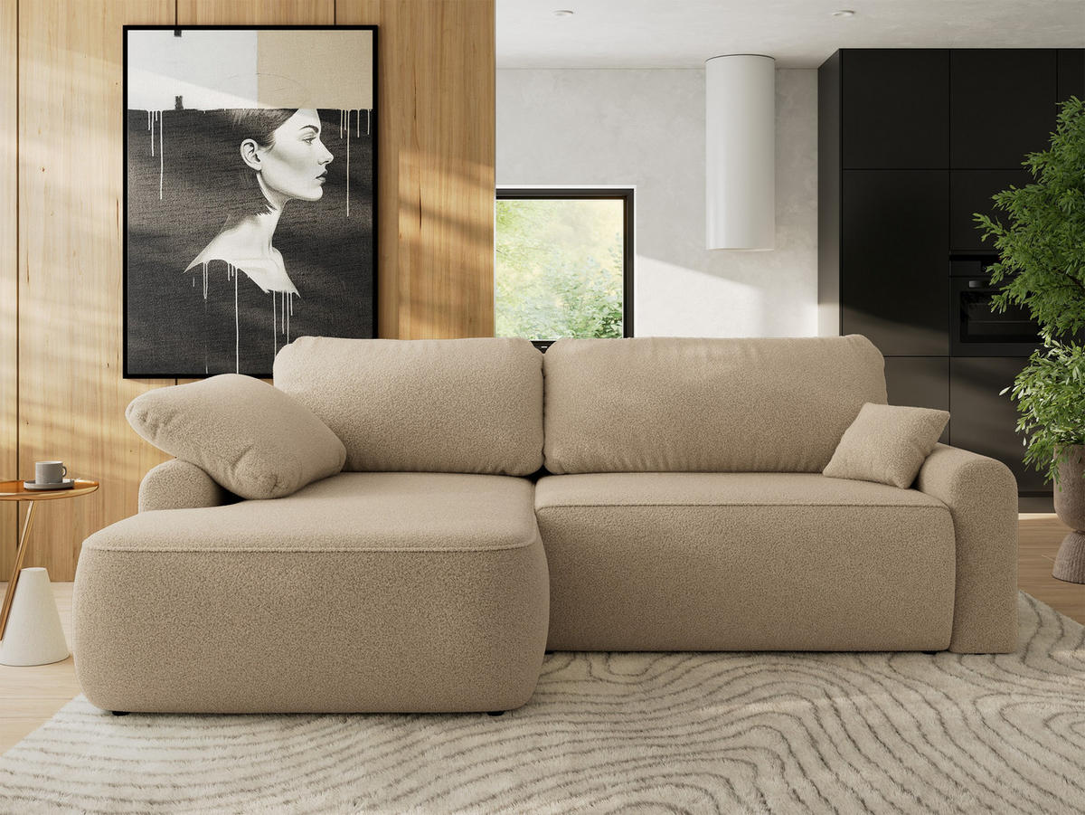 ECKSCHLAFSOFA CUBO L Hellbraun Boucle - links - Schwarz/Braun, Kunststoff/Textil (273/187cm) - MKS