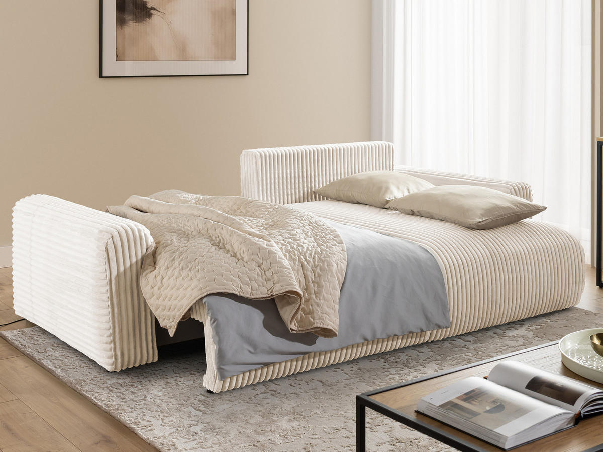 ECKSOFA Calma mit Schlaffunktion und Bettkasten im Bumpy-Design aus weichem Creme Plüschcord - Ottomane rechts - Creme/Schwarz, Holz/Kunststoff (140/239cm) - S-Style