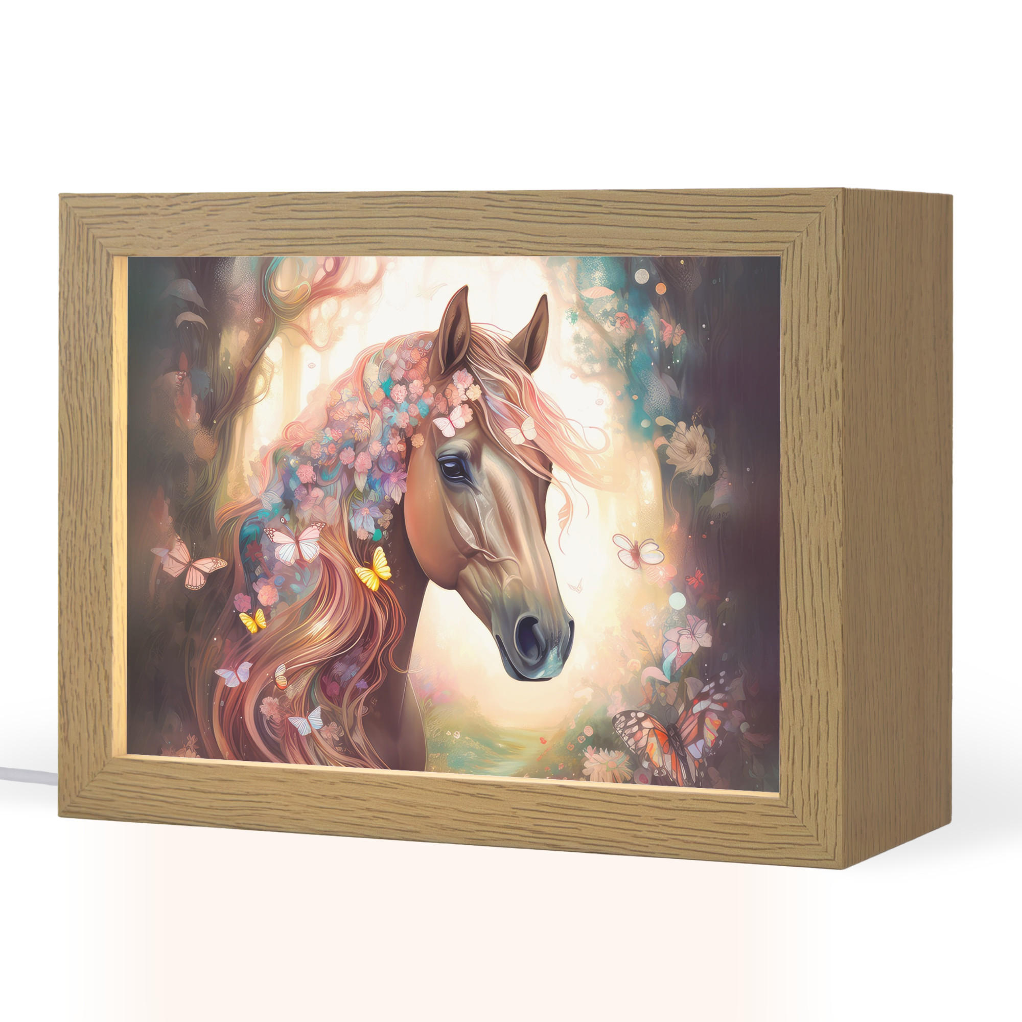 NACHTTISCHLAMPE Pferd - Natur - Blumen - Schmetterlinge - Wald 20x15 cm - Dunkelbraun, Holzwerkstoff (8/20/15cm)