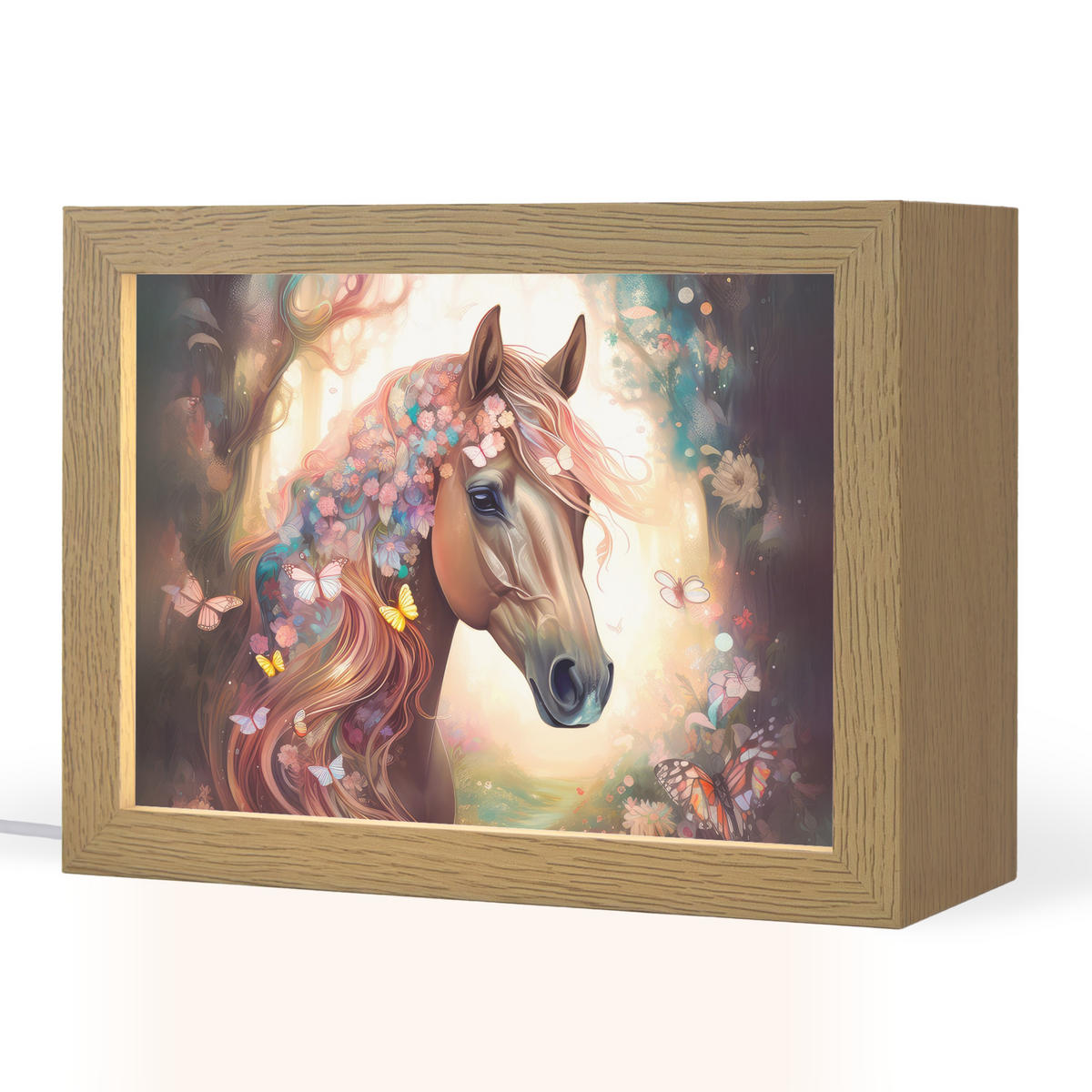 NACHTTISCHLAMPE Pferd - Natur - Blumen - Schmetterlinge - Wald 20x15 cm - Dunkelbraun, Holzwerkstoff (8/20/15cm)