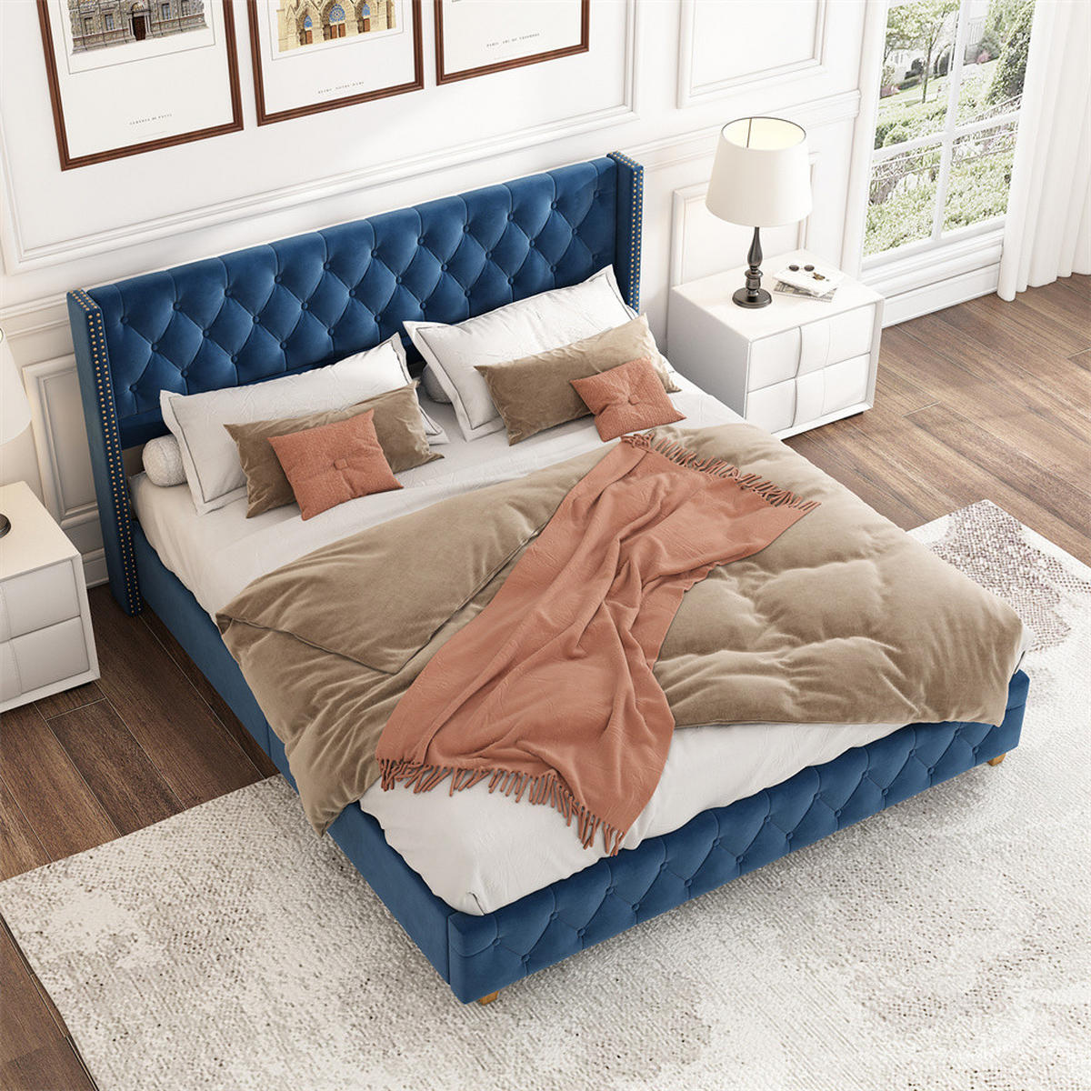 POLSTERBETT 160/200 cm in Blau Samt - Blau, Holz/Textil (160/200cm) - KOMHTOM
