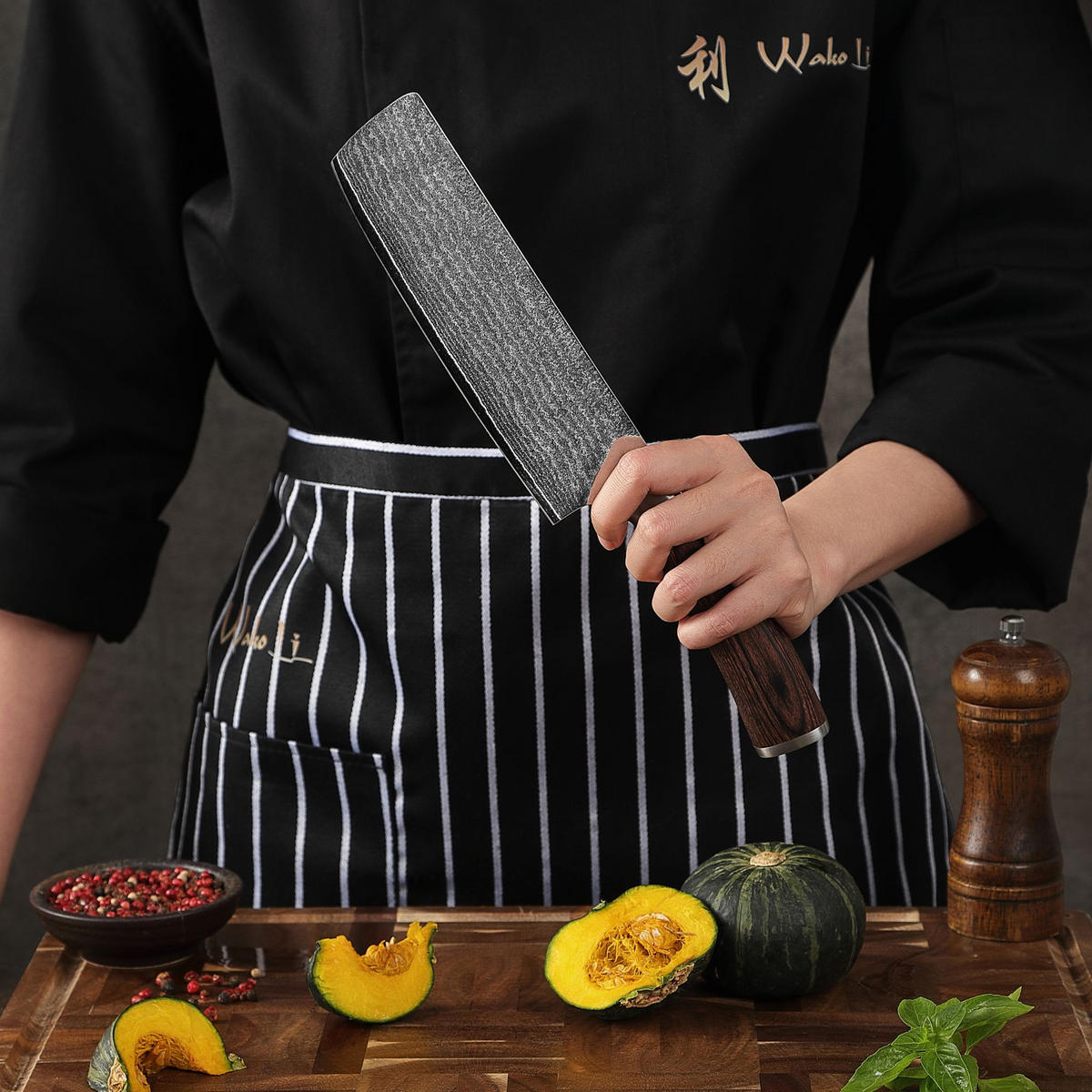 SANTOKU& Nakiri Messerset aus Damast I EDIB - Braun, Holz/Holzwerkstoff - Wakoli