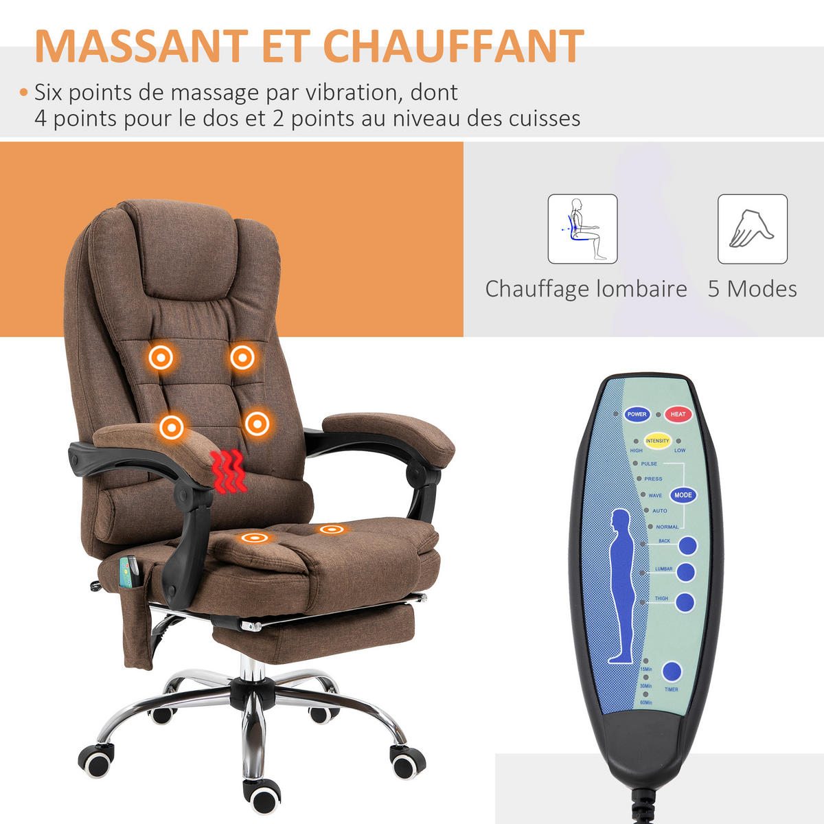 CHEFSESSEL DE-11824 Massage & Heizung Grau - Braun, Textil (70/119/65cm) - ComfortXL