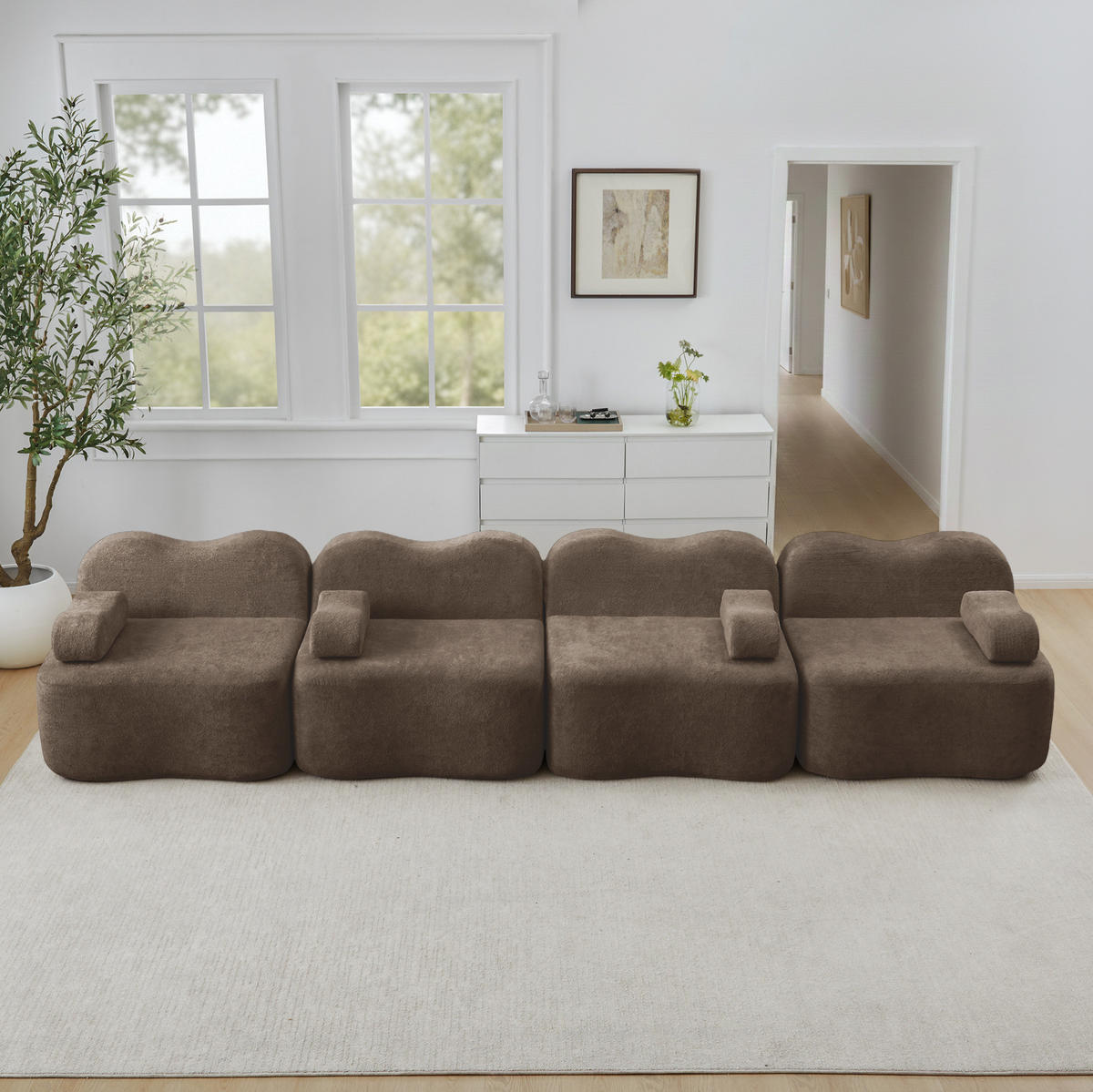 SOFA 384/98/70 cm in Braun aus Samt mit tiefer Sitzfläche - Braun, Textil (98/70/384cm) - Flora Grace