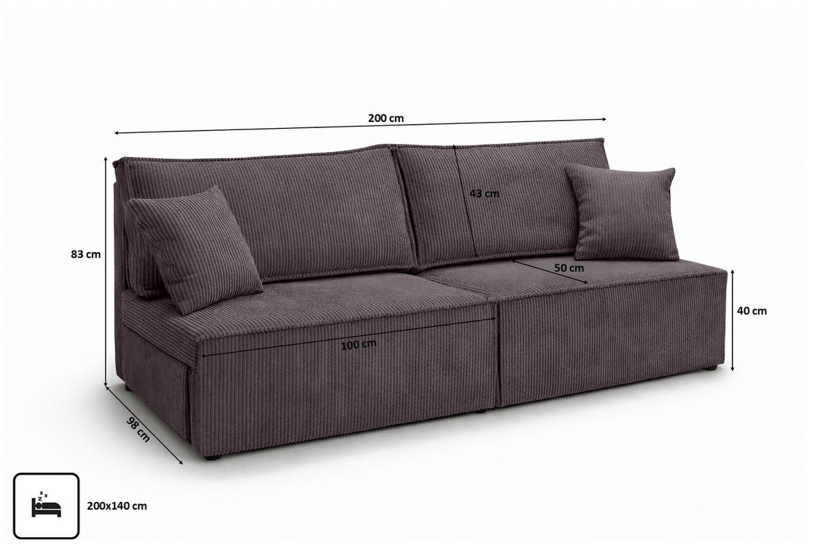 SOFA Mit Schlaffunktion Und Bettkasten, Cordstoff Poso, Dunkelgrau, BEST MINI - Dunkelgrau, Holz (200/83/98cm) - Kaiser Möbel