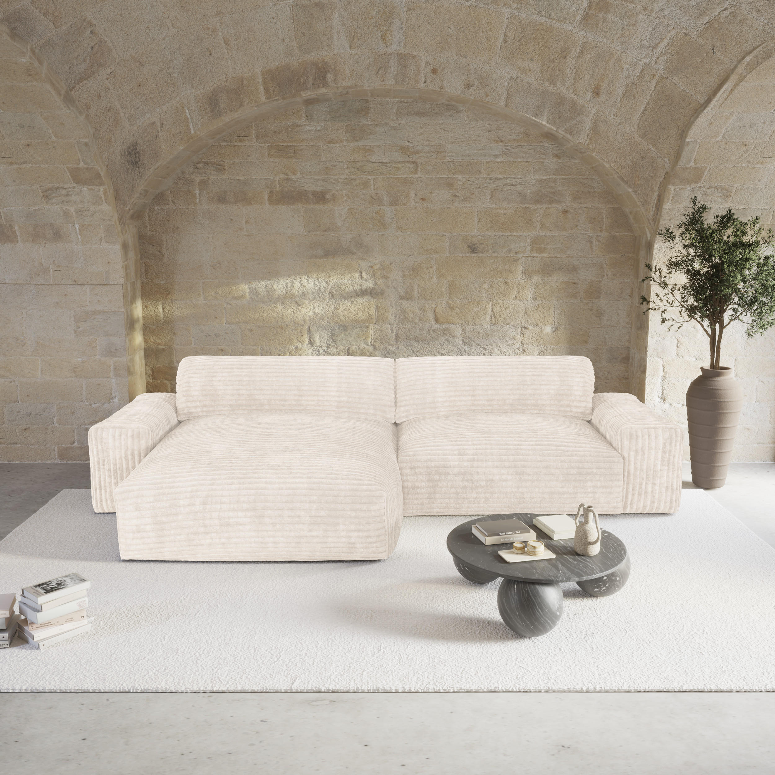 ECKSOFA LINKS Gerippter Samt XXL Creme 220cm - Creme, Textil (120/220cm) - Sia Home