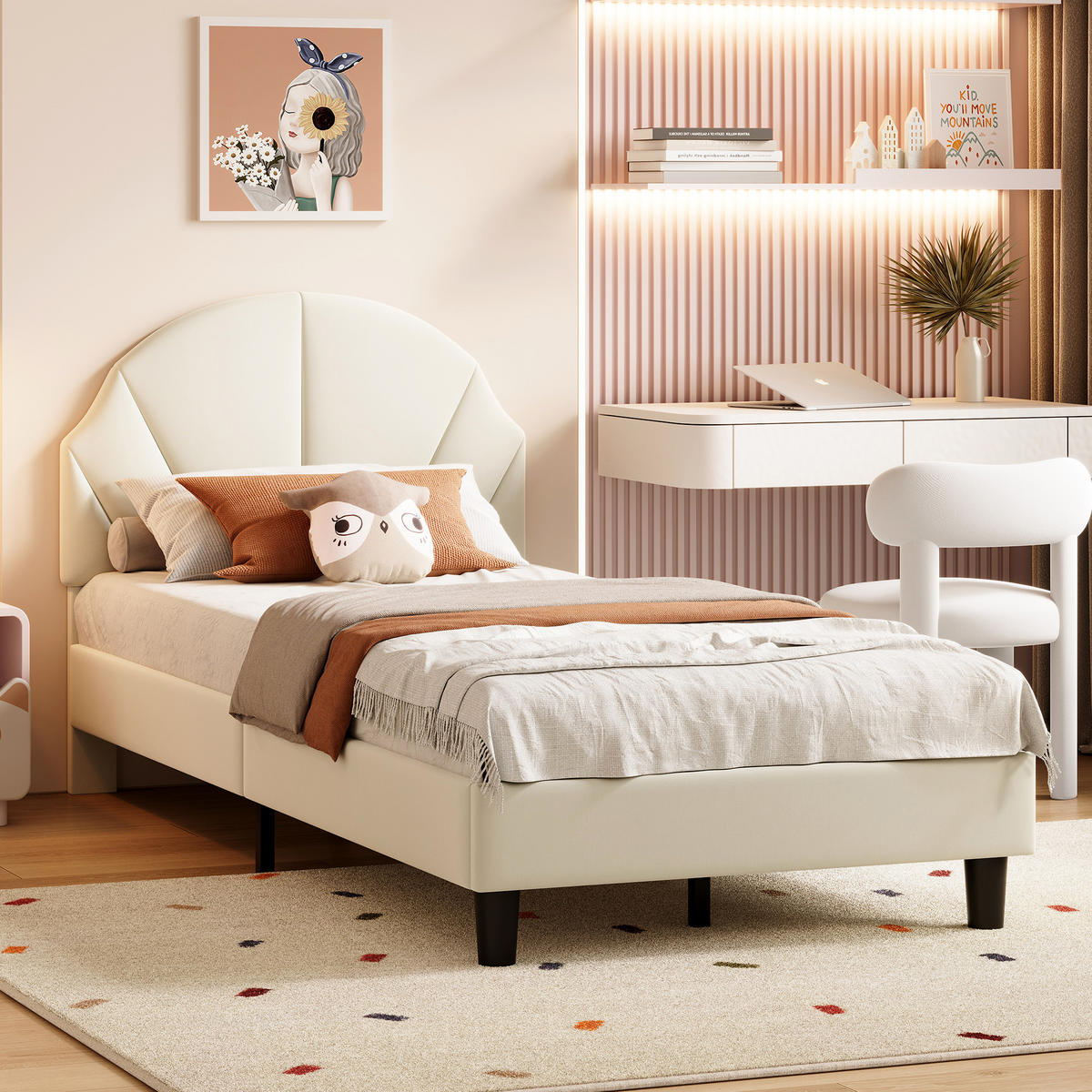 POLSTERBETT 90x200 cm höhenverstellbarem Kopfteil, Kinderbett mit Lattenrost,Samtstoff, Beige - Beige, Holz/Holzwerkstoff (90/200cm) - BursDany