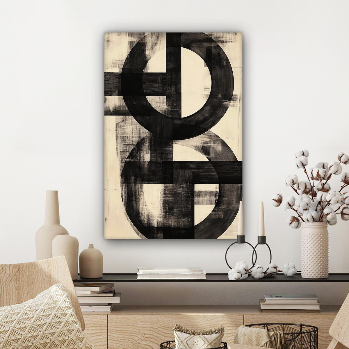 LEINWANDBILD Kreise - Balken - Schwarz - Abstrakt Wanddeko Schlafzimmer 60x90 cm - Schwarz, Textil (60/90cm) - MuchoWow