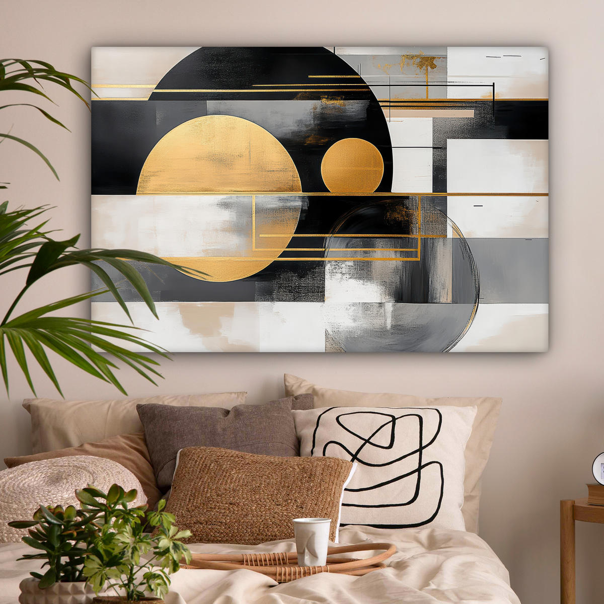 LEINWANDBILD Abstrakt - Gold - Silber - Formen - Ästhetisch - Modern XXL 150x100 cm - Goldfarben, Textil (150/100cm) - MuchoWow