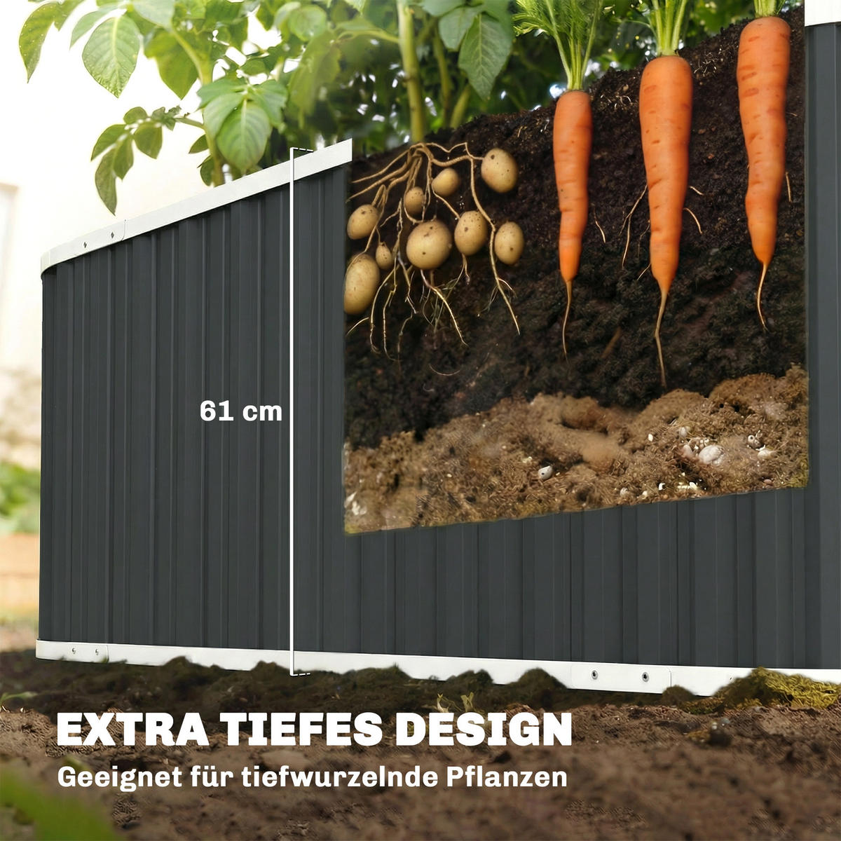 HOCHBEET mit Schutzkanten & offenem Boden Dunkelgrau - Dunkelgrau, Metall (53/61/136cm) - Outsunny