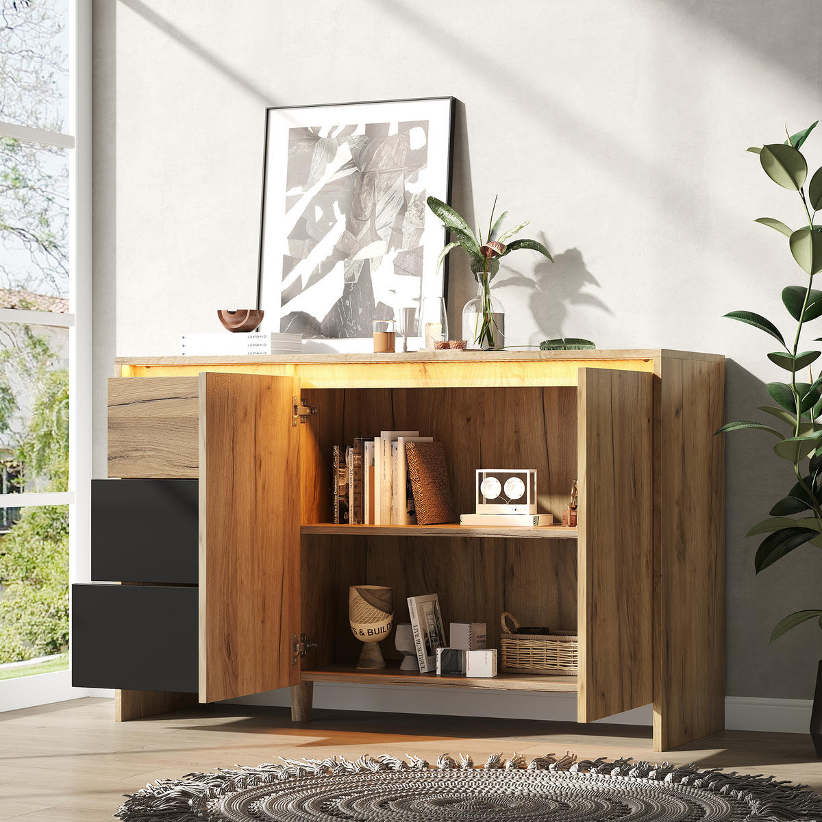 SIDEBOARD 120/40/76 cm mit LED-Beleuchtung, 3 Schubladen, 2 Türen und verstellbarem Einlegeboden aus Spanplatte, Natur/Schwarz - Schwarz, Holzwerkstoff (120/76/40cm) - Redom